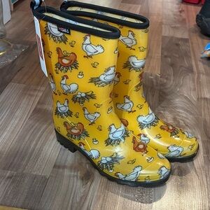 Womens Hisea Chicken Print Waterproof Pull On Rubber Boots Sz 8